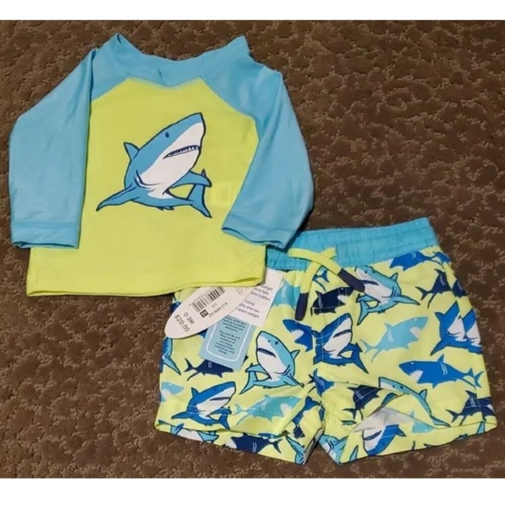 Baby Boys Wave Zone SHARKS Rash guard Set Shirt &Trunks Size 0/3 3/6 Months NWT